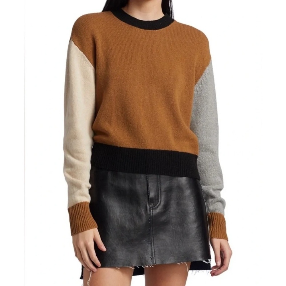 Frame Cashmere Colorblock Sweater Womens S Brown Gray Black Cream Crewneck - Picture 2 of 5